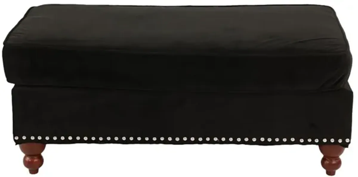 Fabric Ottoman with Nailhead Trim and Turned Feet, Black - Benzara