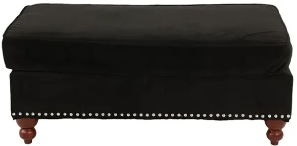 Fabric Ottoman with Nailhead Trim and Turned Feet, Black - Benzara