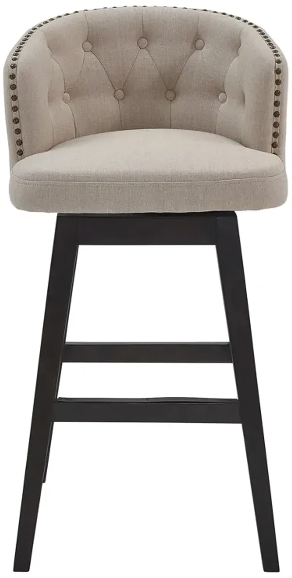 26 Inch Button Tufted Fabric Swivel Counter Stool, Angled Wood Legs, Beige