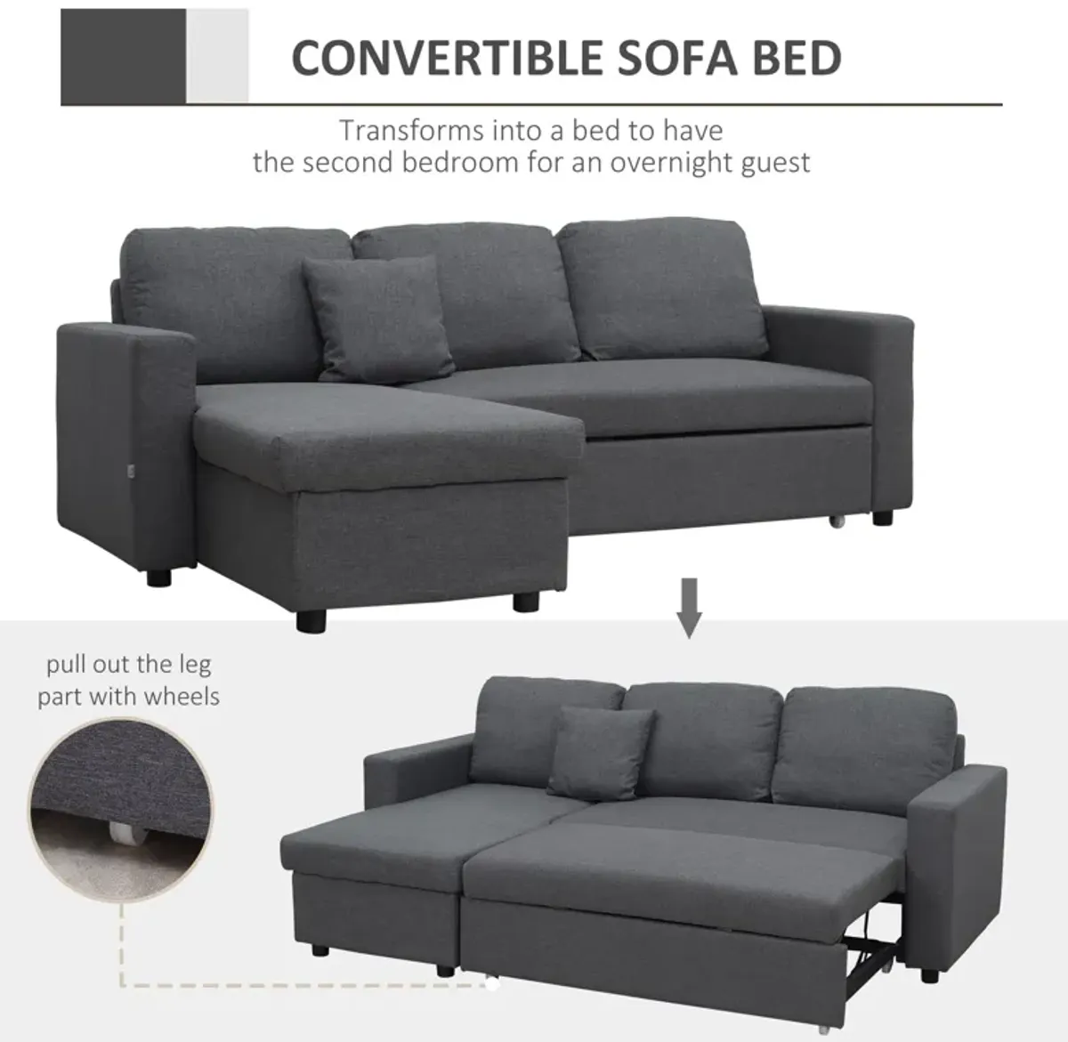 Sectional Sleeper Sofa, Linen Fabric L Shaped Couch with Pull out Bed, Reversible Storage Chaise for Living Room, Apartment, 3-seat