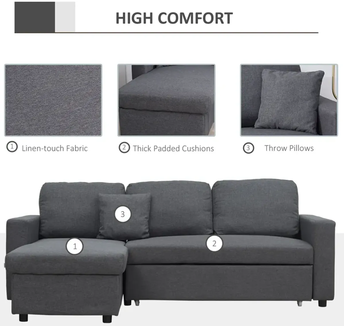 Sectional Sleeper Sofa, Linen Fabric L Shaped Couch with Pull out Bed, Reversible Storage Chaise for Living Room, Apartment, 3-seat