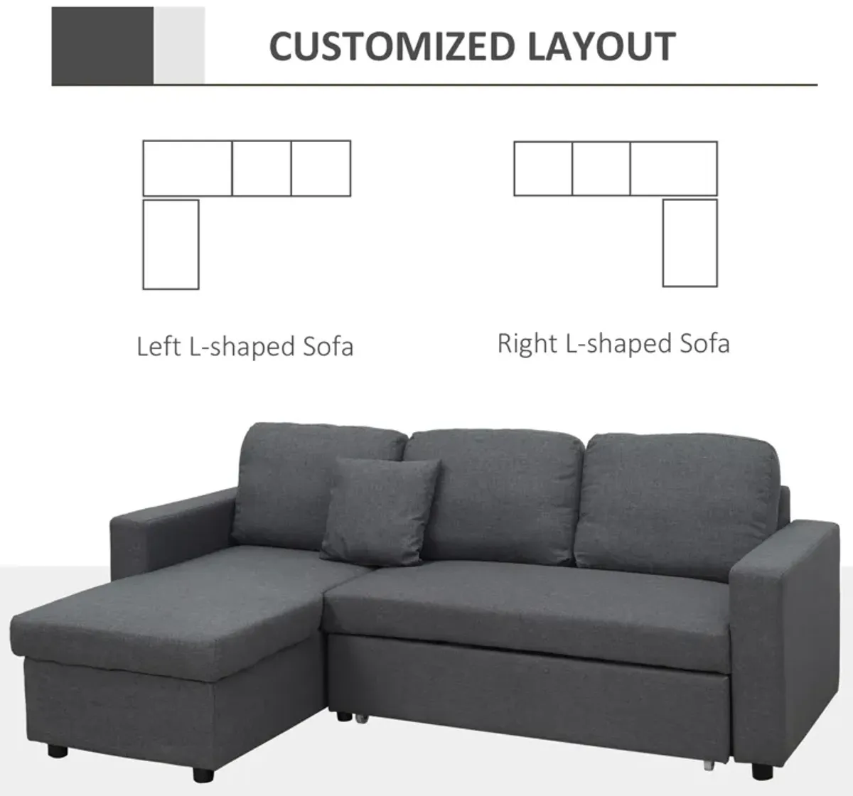 Sectional Sleeper Sofa, Linen Fabric L Shaped Couch with Pull out Bed, Reversible Storage Chaise for Living Room, Apartment, 3-seat