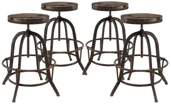 Modway Collect Industrial Modern Rustic Farmhouse Wood Cast Iron Four Backless Bar Stools in Brown