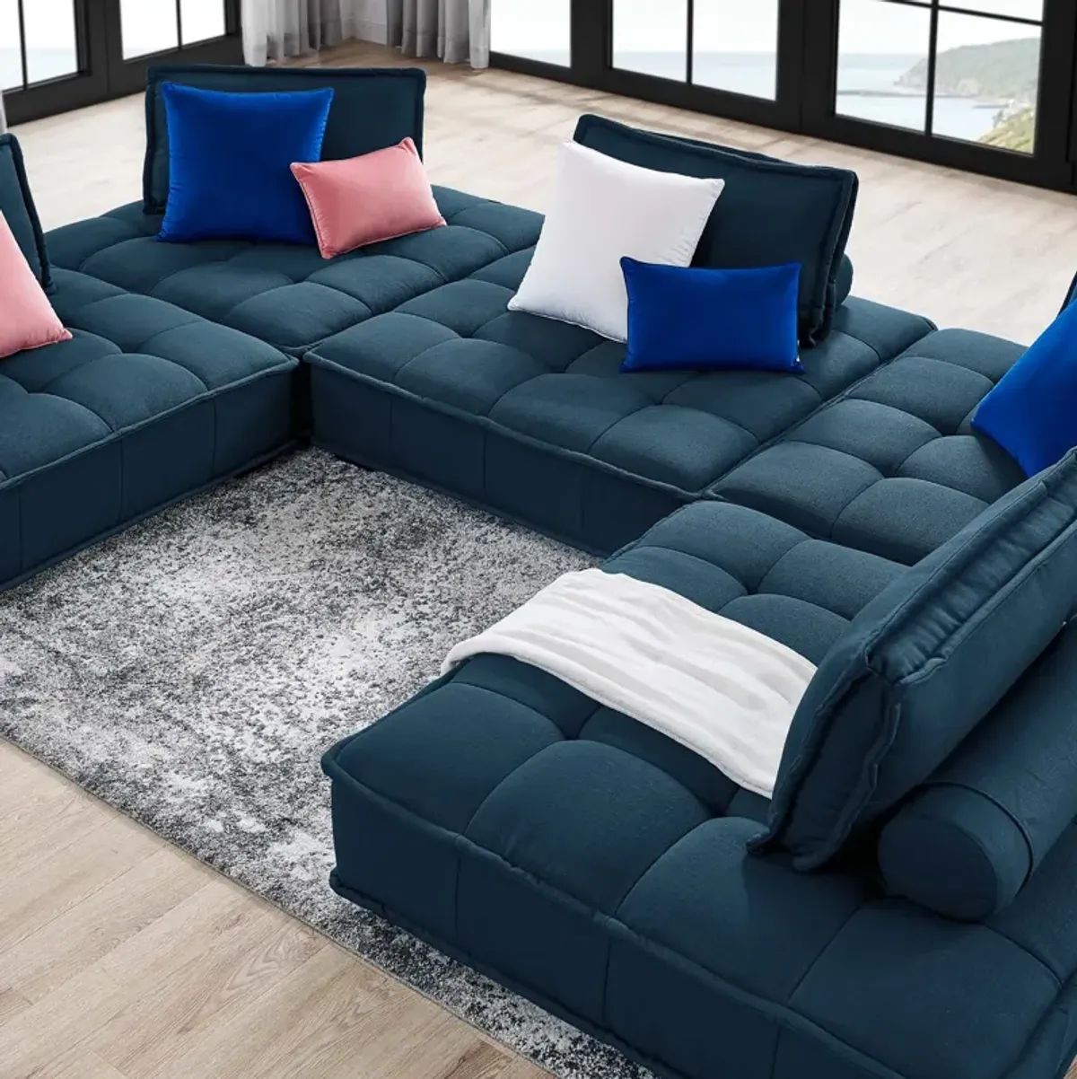 Saunter Tufted Fabric 5-Piece Sectional Sofa Blue