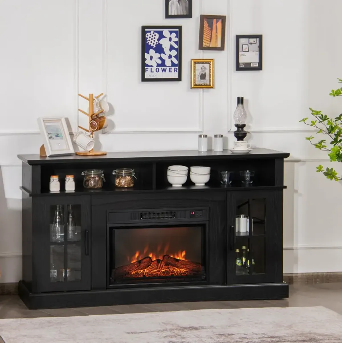 Fireplace TV Stand for TVs with Side Cabinets and Remote Control