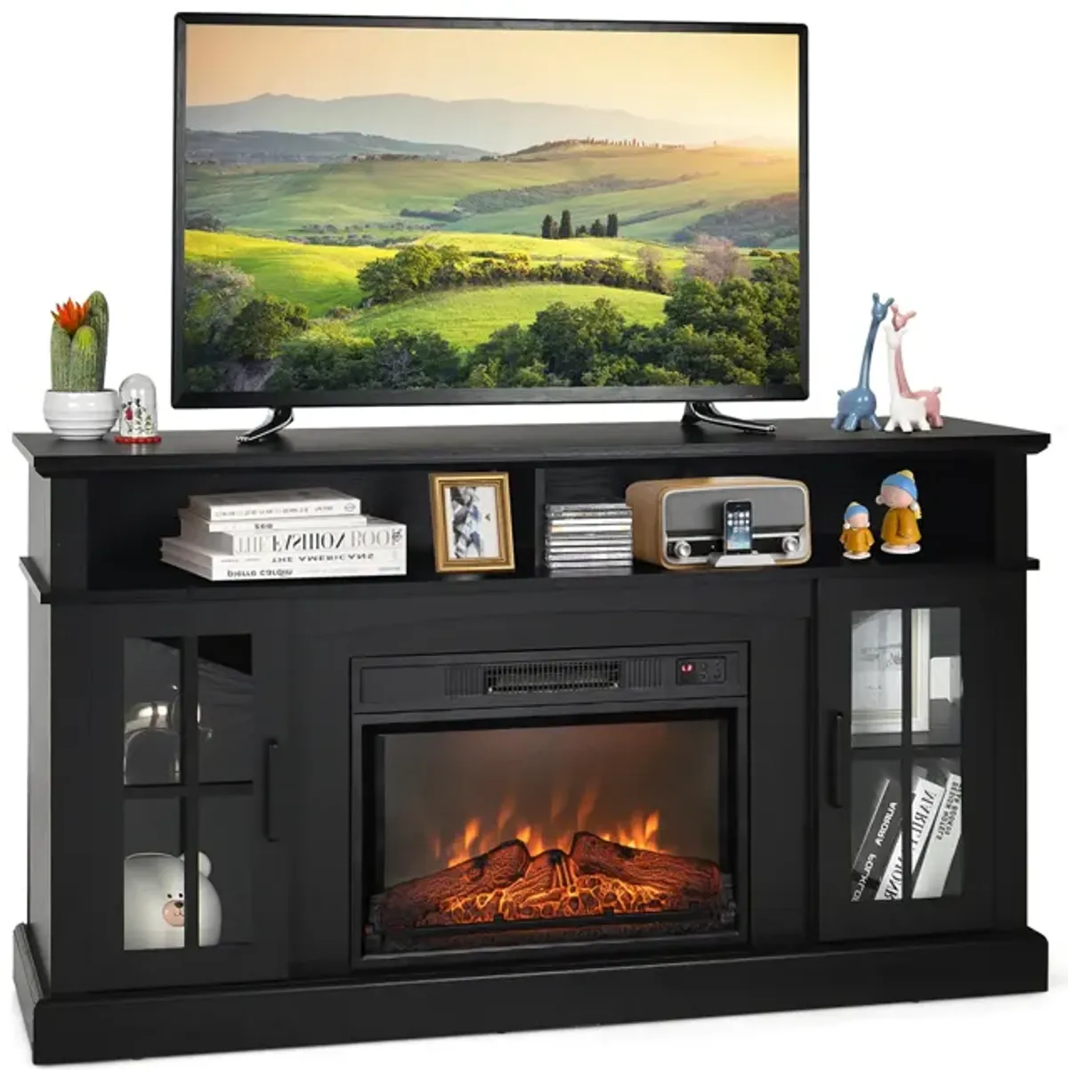 Fireplace TV Stand for TVs with Side Cabinets and Remote Control