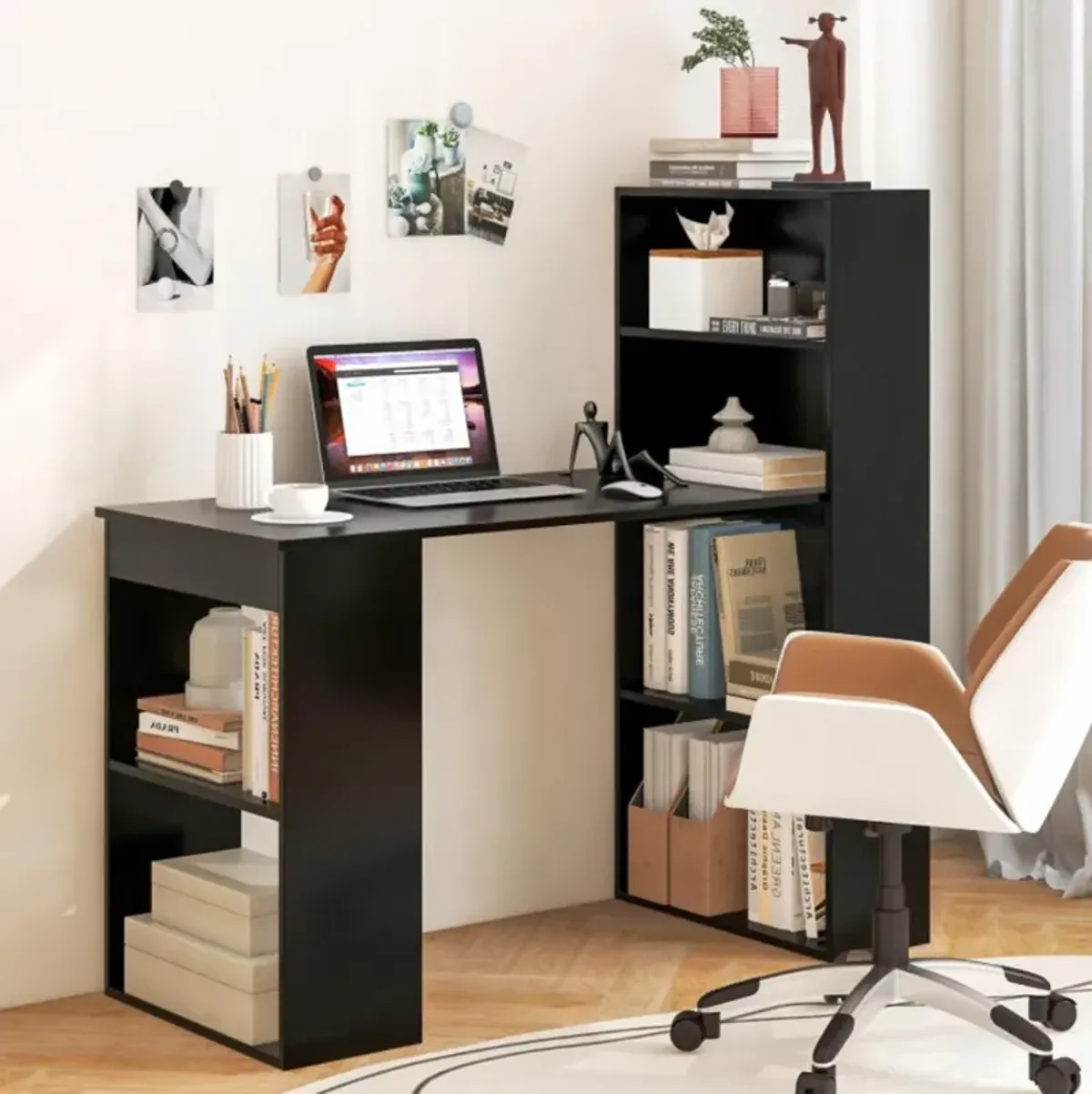 Hivvago 48 Inch Computer Desk with 4-Tier Bookcase and CPU Stand