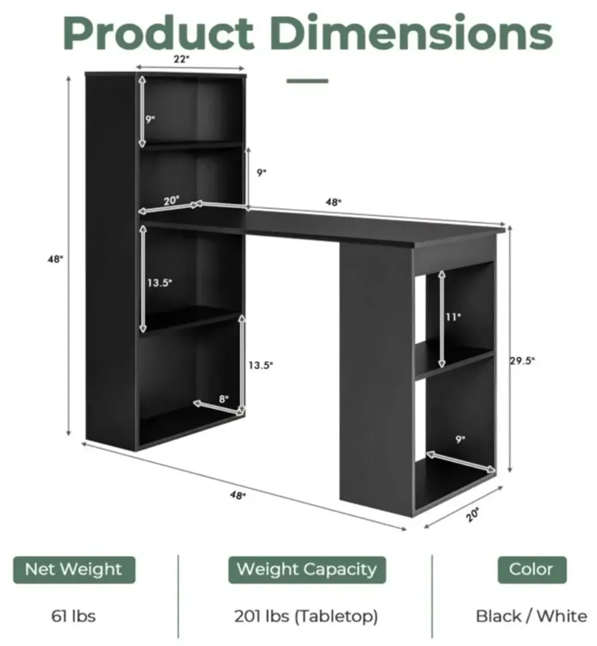 Hivvago 48 Inch Computer Desk with 4-Tier Bookcase and CPU Stand