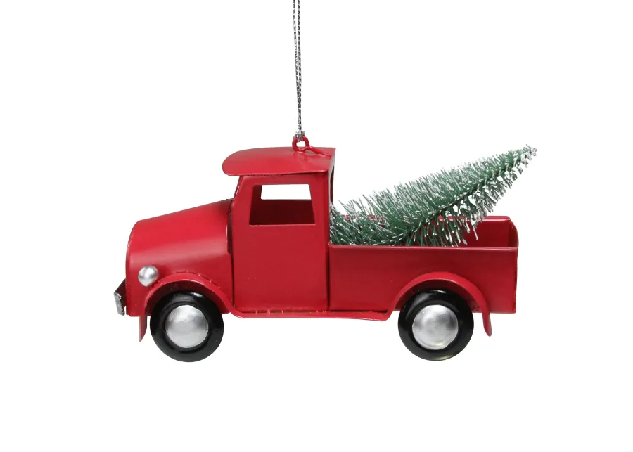 4.5" Red Vintage Style Truck with Frosted Tree Christmas Ornament