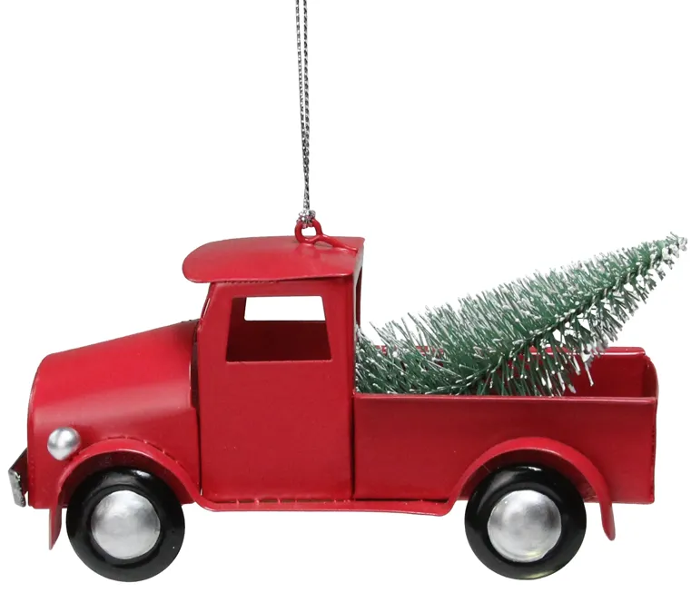 4.5" Red Vintage Style Truck with Frosted Tree Christmas Ornament