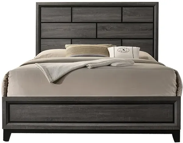Mazie King Bed, Brick Style Headboard, Black Tapered Legs, Oak Gray Wood - Benzara