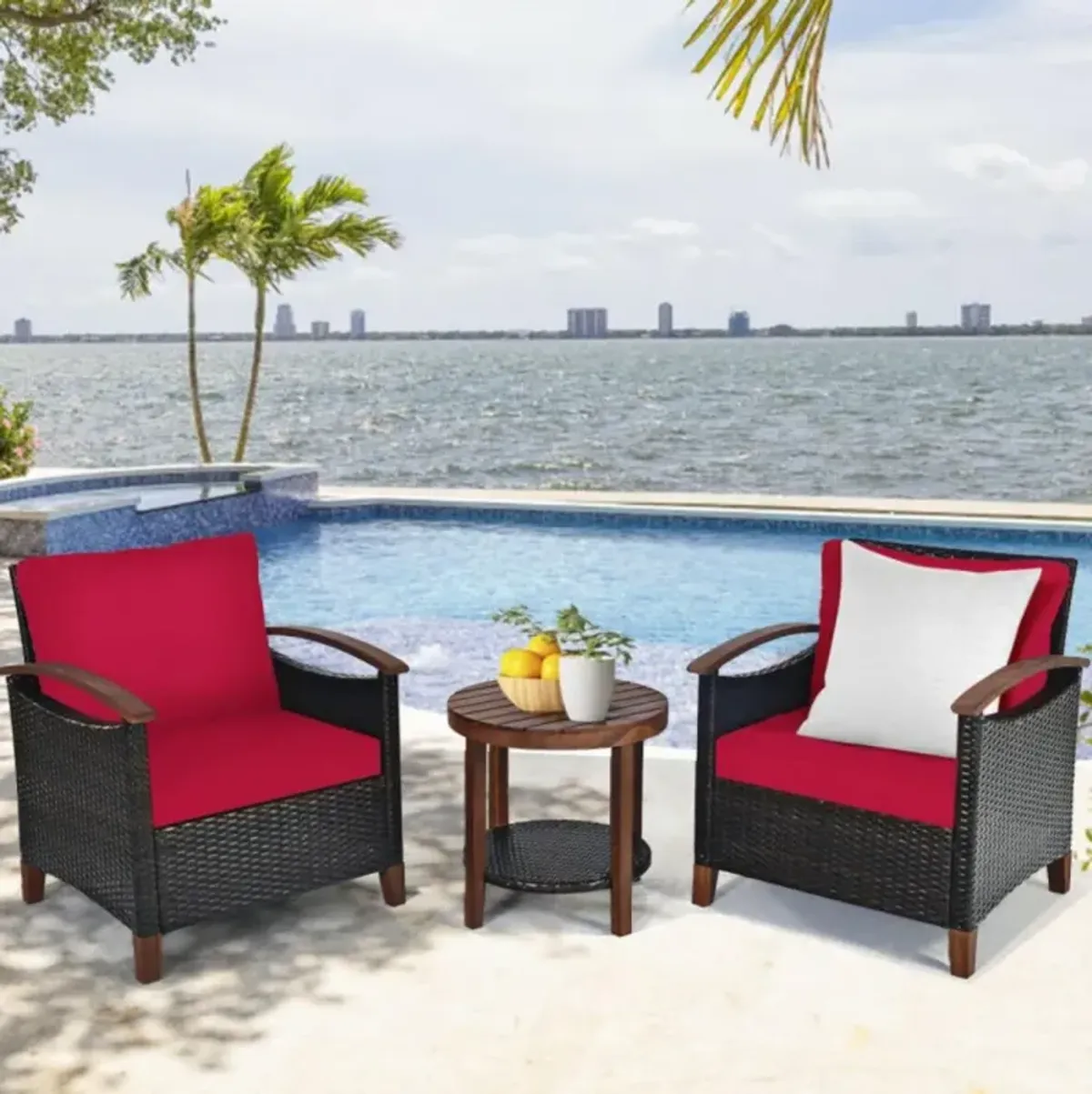 Hivvago 3 Pieces Patio Wicker Furniture Set with Washable Cushion and Acacia Wood Tabletop