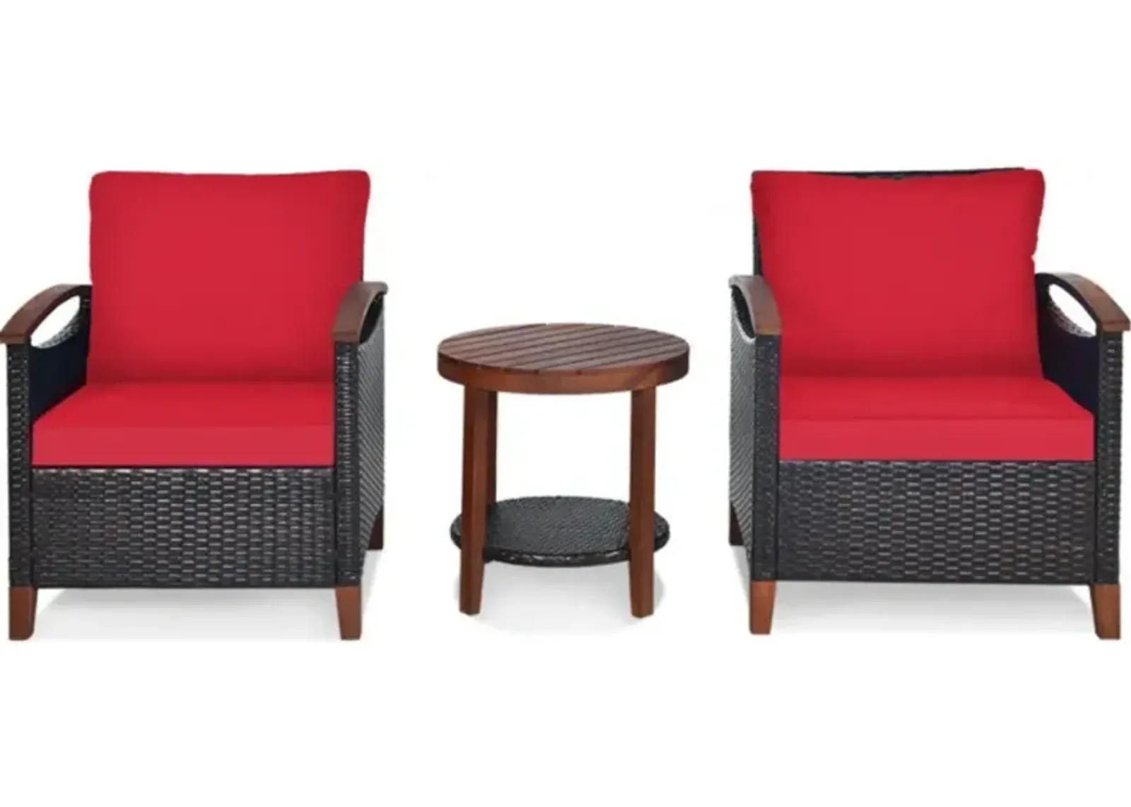 Hivvago 3 Pieces Patio Wicker Furniture Set with Washable Cushion and Acacia Wood Tabletop