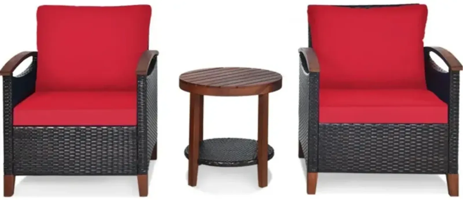 Hivvago 3 Pieces Patio Wicker Furniture Set with Washable Cushion and Acacia Wood Tabletop