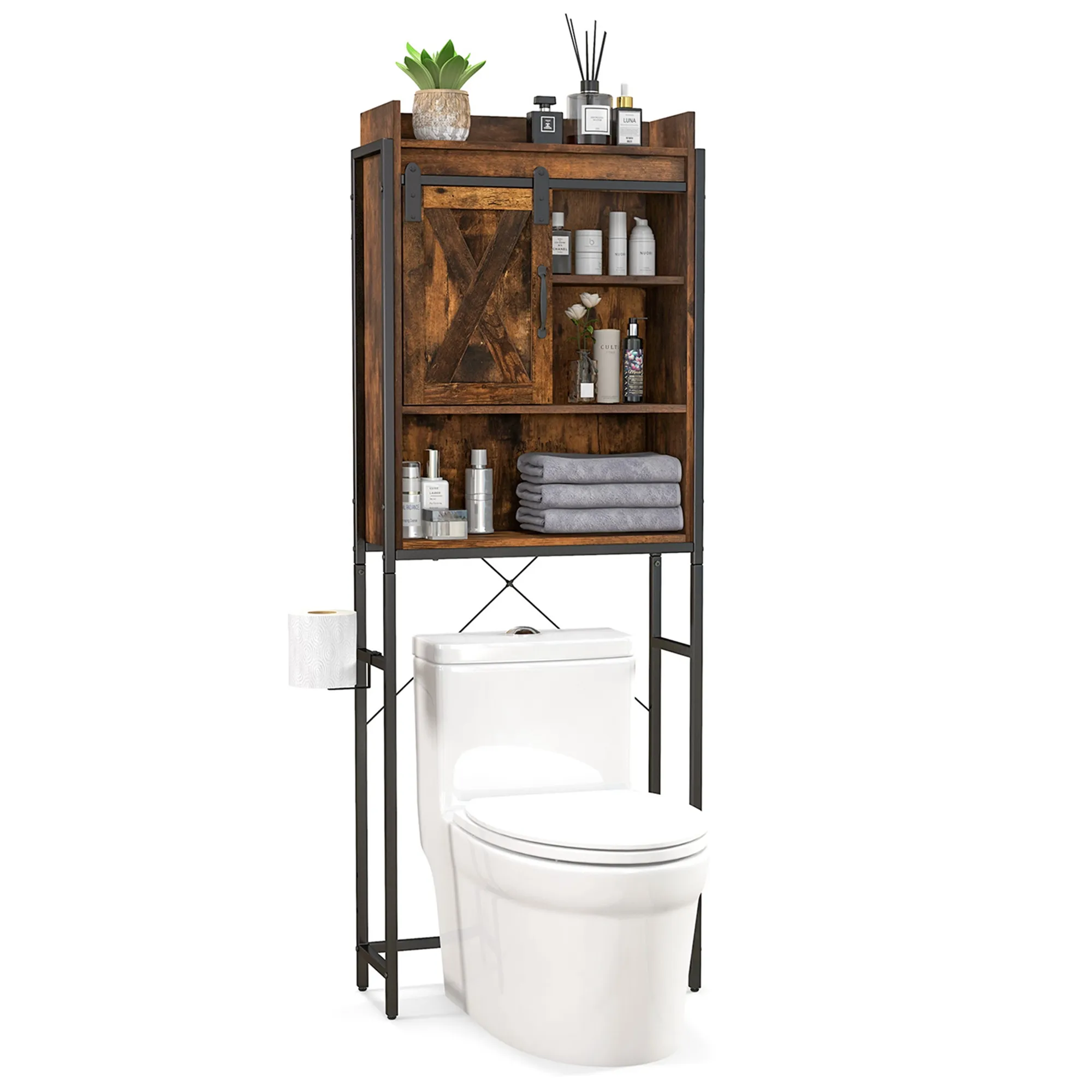 Costway Over-The-Toilet Storage Cabinet Bathroom Organizer w/ Sliding Barn Door Espresso