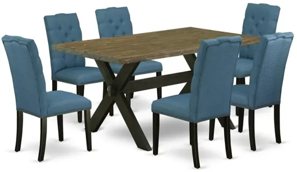 East West Furniture X676EL121-7 7-Piece Stylish Dining Set an Outstanding Distressed Jacobean Wood Dining Table Top and 6 Wonderful Linen Fabric Dining Chairs with Nail Heads and Button Tufted Chair B