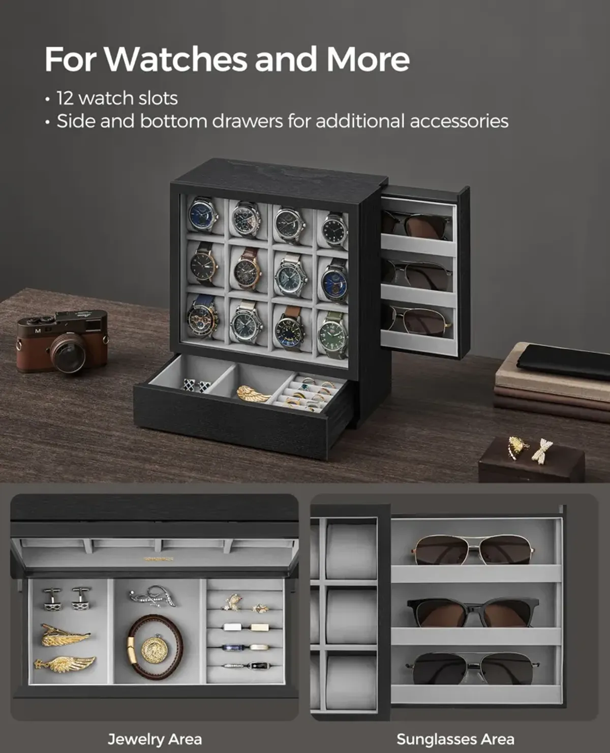 12-Slot Wooden Watch Box Elegant Storage with Premium Craftsmanship and Protective Lining