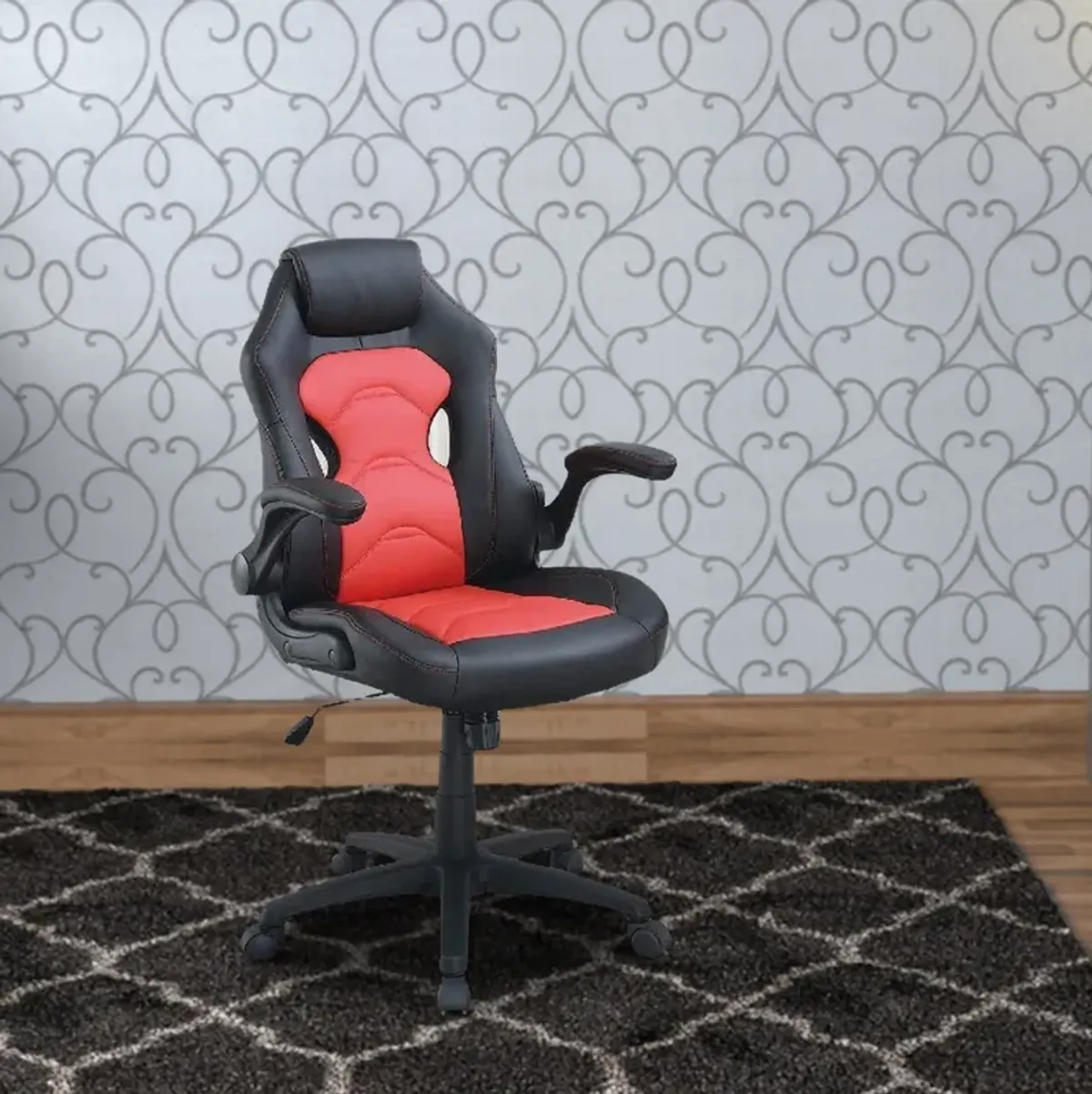 Office Chair with Padded Seat and Curved Track Arms, Black and Red-Benzara