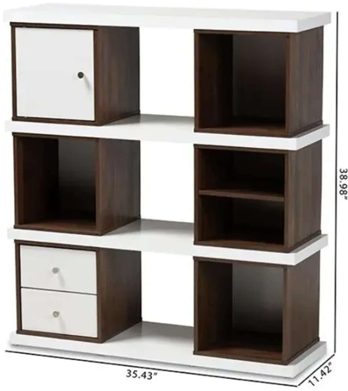 Two-Tone White and Walnut Brown Finished 2-Drawer Bookcase