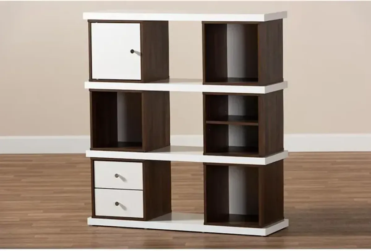 Two-Tone White and Walnut Brown Finished 2-Drawer Bookcase