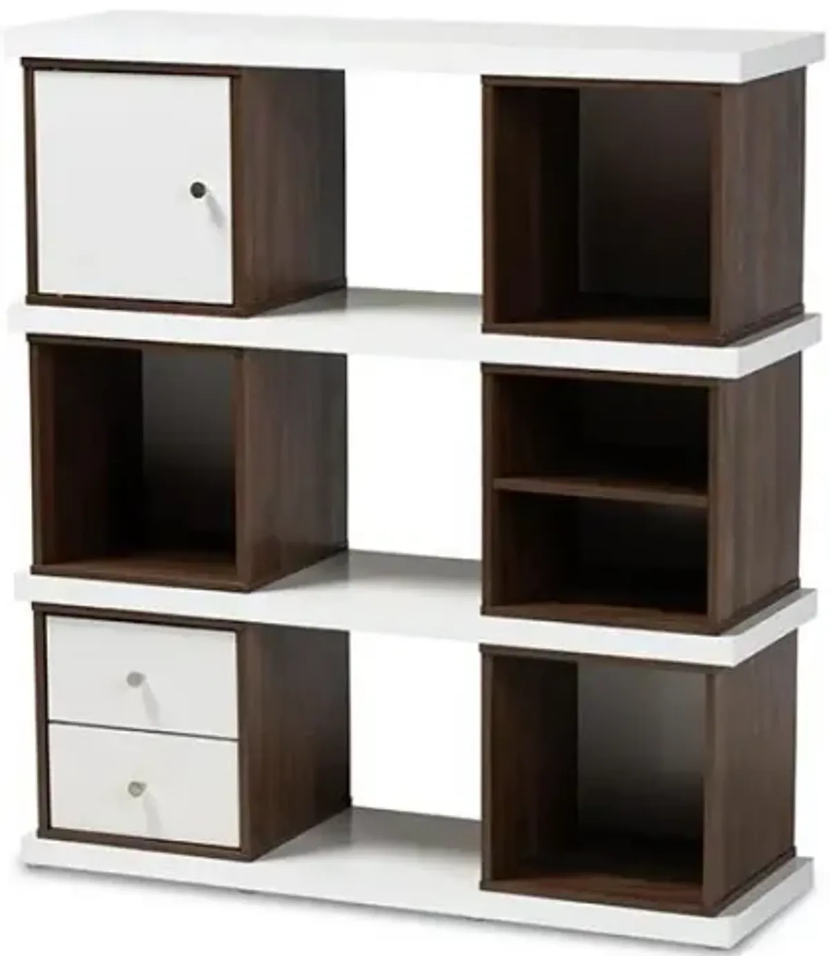 Two-Tone White and Walnut Brown Finished 2-Drawer Bookcase