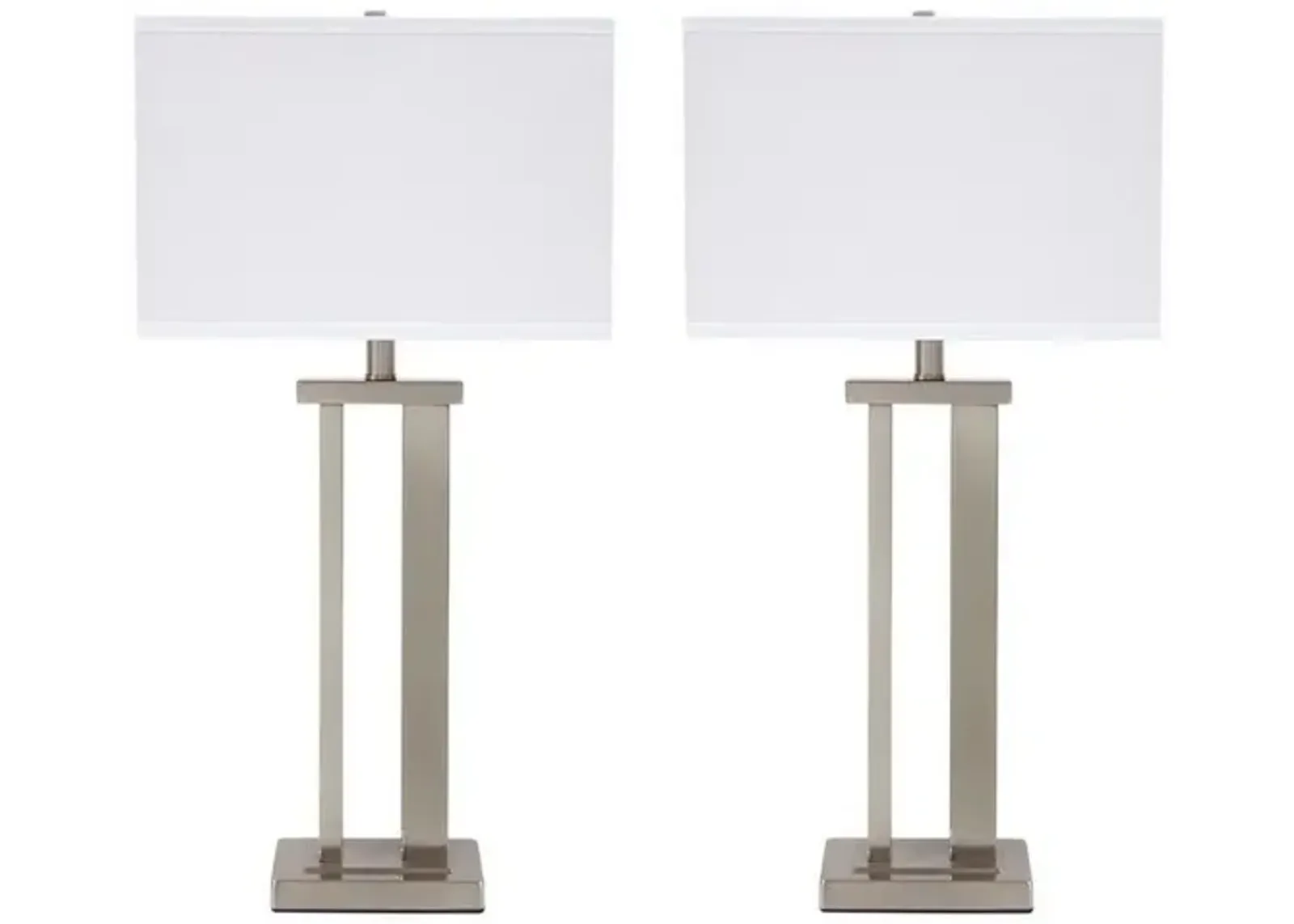 Metal Frame Table Lamp with Hardback Shade, Set of 2, White and Silver - Benzara