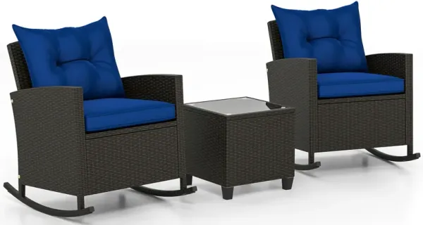 Backyard 3-Piece Rattan Rocking Chair Set with Glass Table and Comfy Cushions