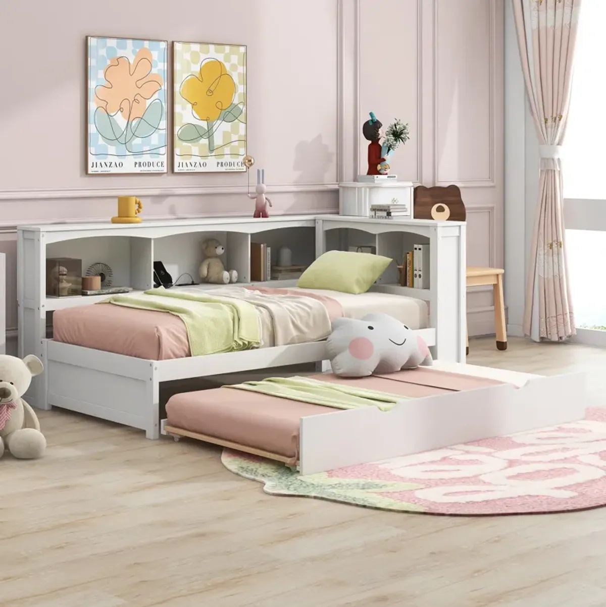 Whisen Morden Design Twin Size Daybed with Trundle, Storage Cabinets and USB Ports