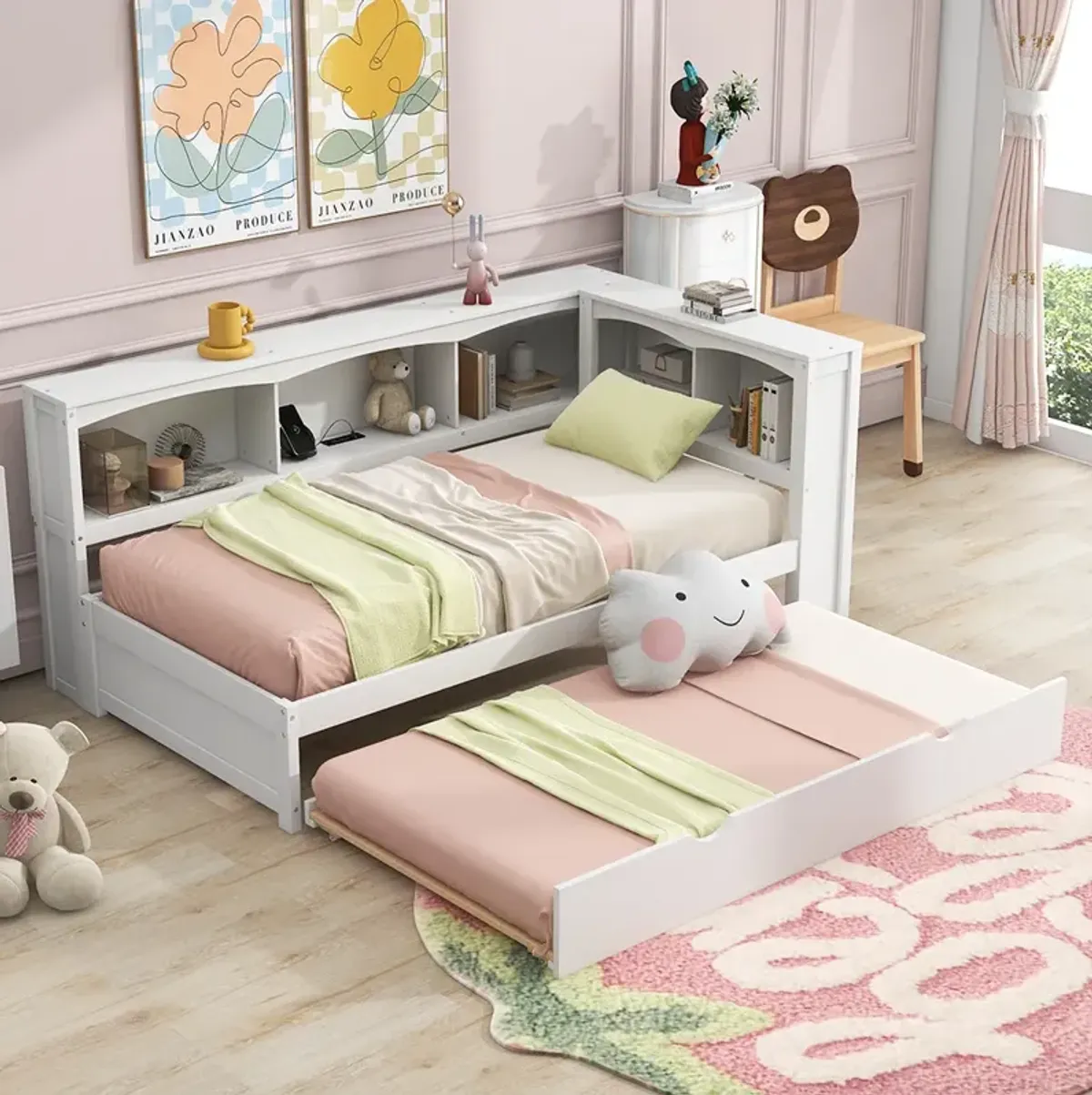 Whisen Morden Design Twin Size Daybed with Trundle, Storage Cabinets and USB Ports