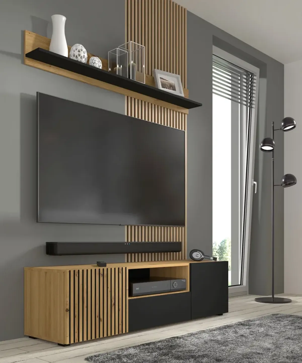 TV Stand AURIS 59'' Milled MDF Fronts Natural Oak Artisan Oak / Black Matt