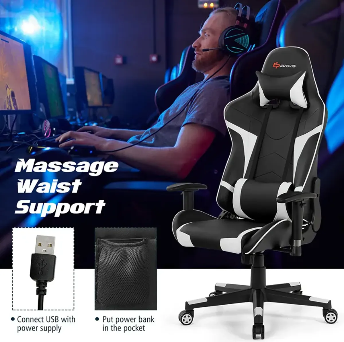 Goplus Massage Gaming Chair Reclining Swivel Racing Office Chair w/Lumbar Support Blue