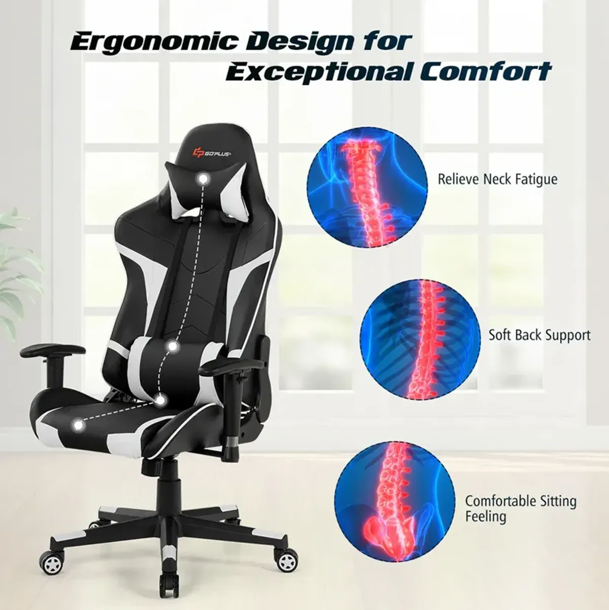 Goplus Massage Gaming Chair Reclining Swivel Racing Office Chair w/Lumbar Support Blue