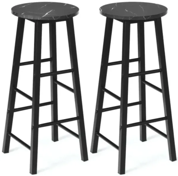 2 Pieces Industrial Round Seat Faux Marble Bar Stool Set-Black