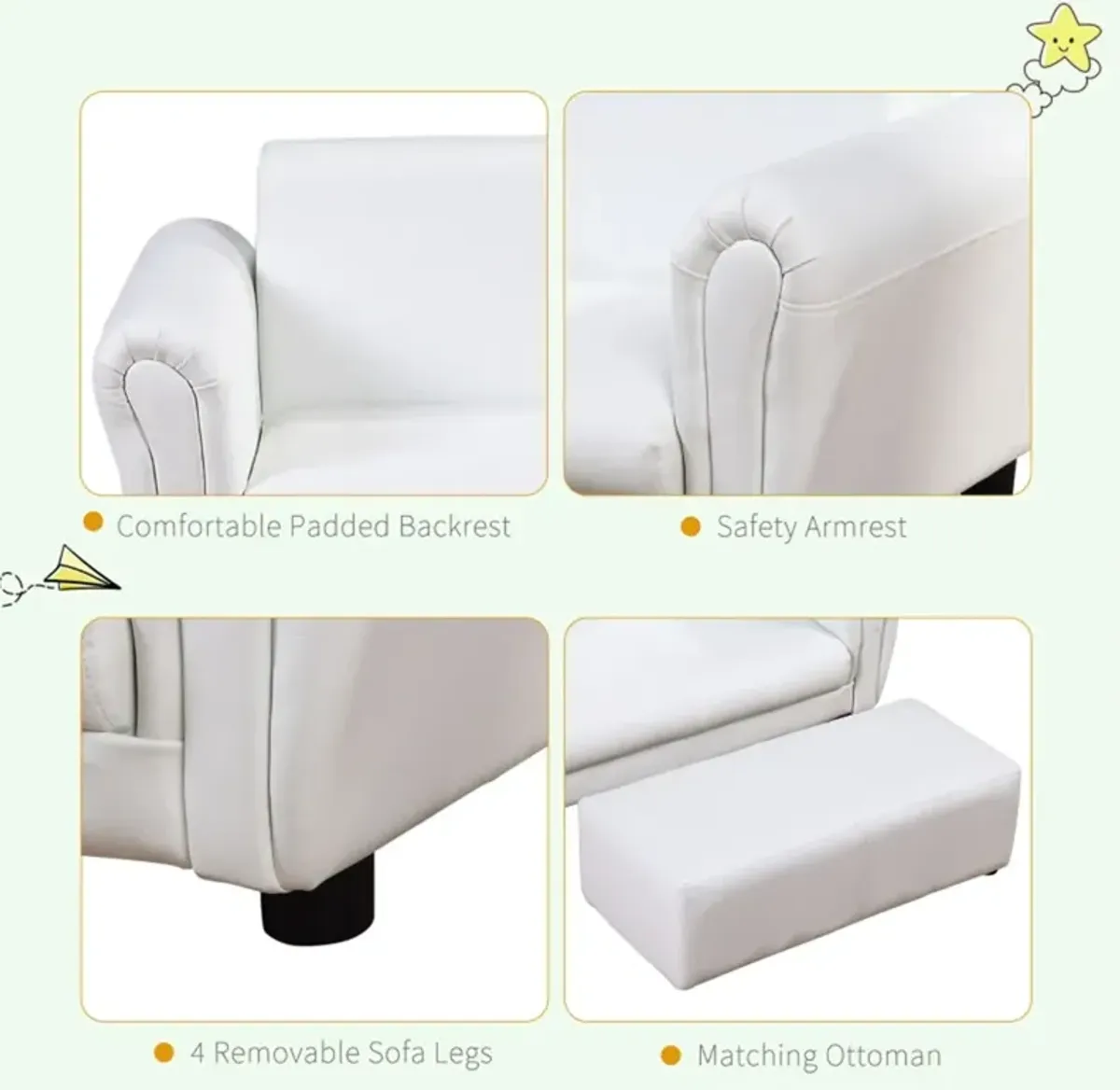 Kids' Sofa Set with Footstool Comfy Upholstered Couch & Ottoman for Toddlers & Children's Room