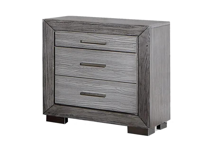 Reno 27 Inch Nightstand, Brushed Gray Wood, Chrome Bracket Legs, USB Ports-Benzara