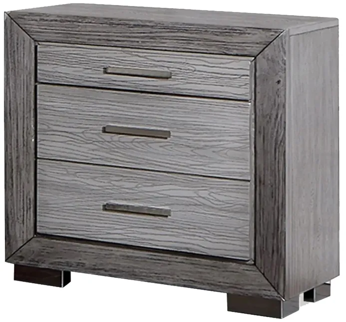 Reno 27 Inch Nightstand, Brushed Gray Wood, Chrome Bracket Legs, USB Ports-Benzara