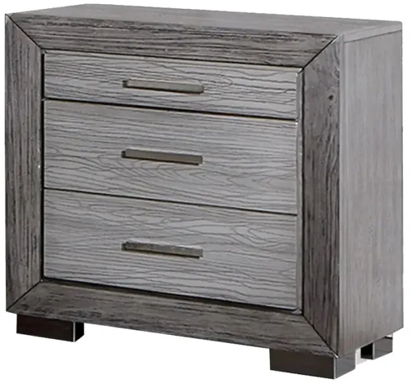 Reno 27 Inch Nightstand, Brushed Gray Wood, Chrome Bracket Legs, USB Ports-Benzara