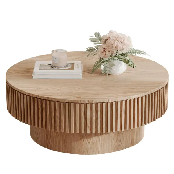 LKTART 31.5'' Natural Coffee Table Modern Handcraft Drum Round Circle Wooden Solid Wood Veneer Tea Table for for Living Room Apa