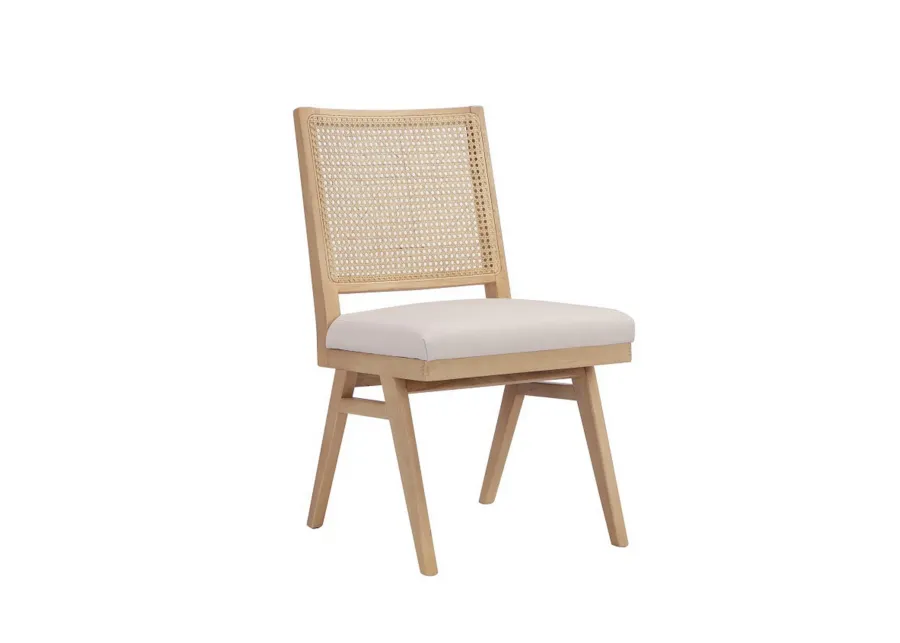 Isha Cane Side Dining Chair Set of 2, Cushioned Seat, White and Brown - Benzara