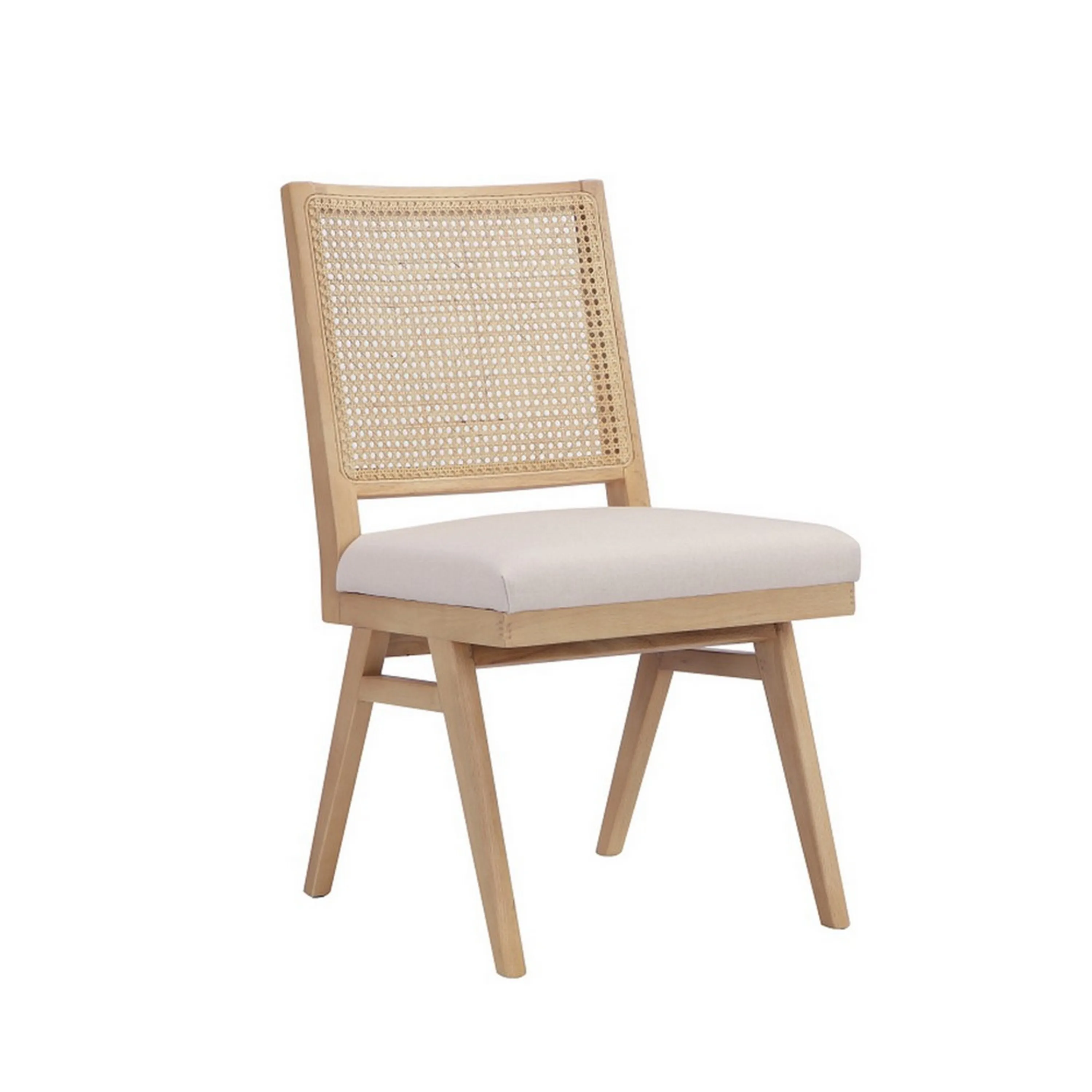 Isha Cane Side Dining Chair Set of 2, Cushioned Seat, White and Brown - Benzara