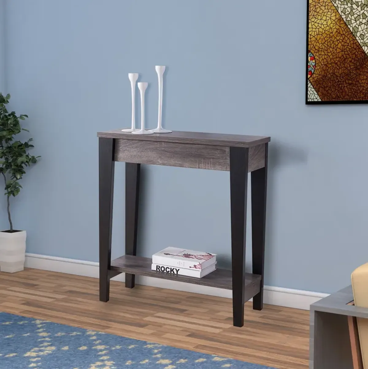 Wooden Console Table With Bottom Shelf, Black And Gray-Benzara