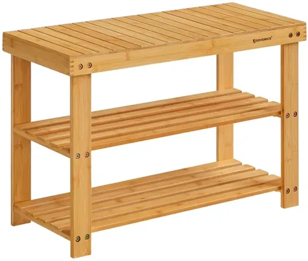 Shoe Bench with 3 Wicker Tiers – Compact Storage Rack with Seat for Bedroom, Entryway or Closet Use