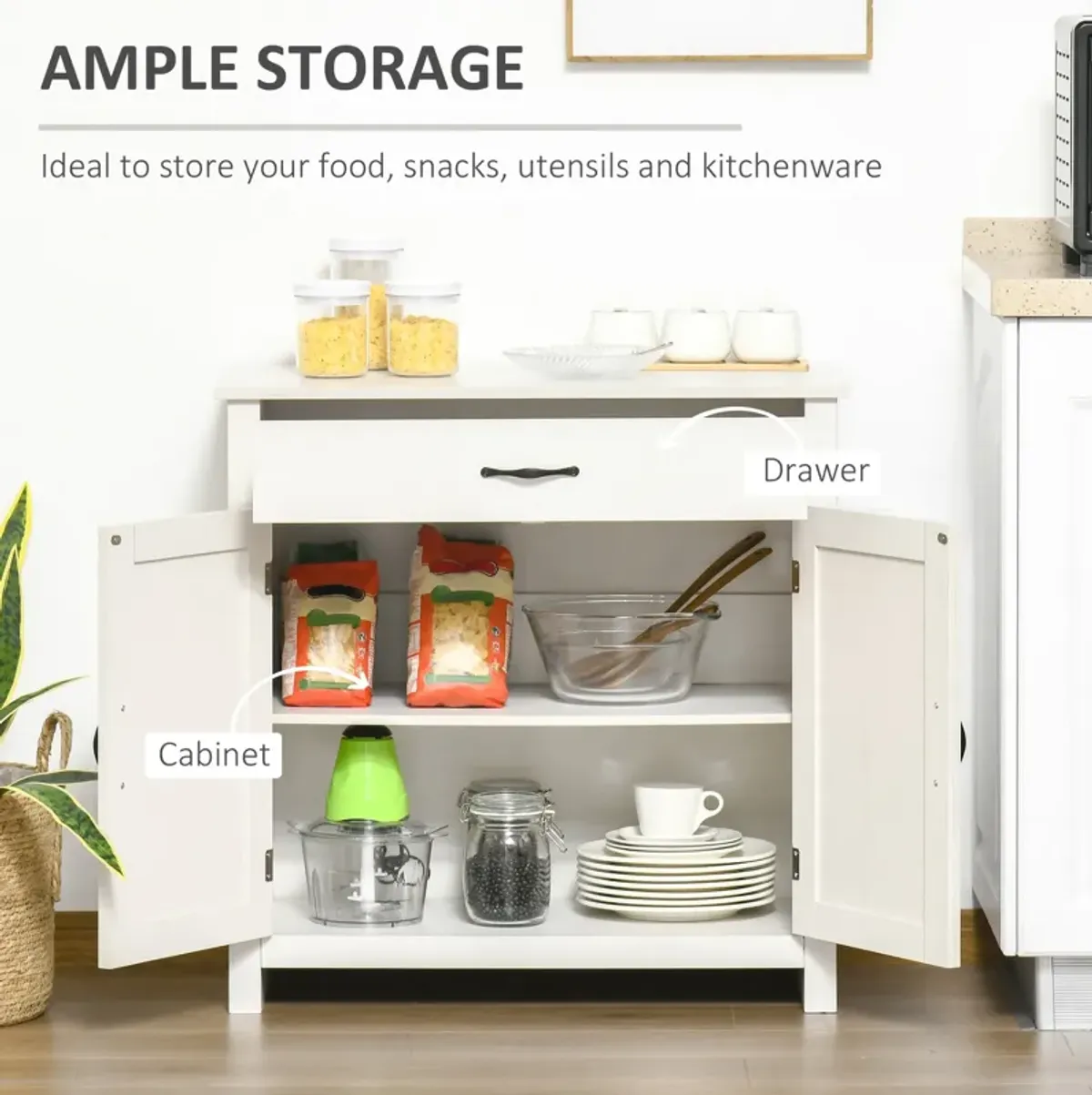 White Wash Kitchen Storage: 32" Farmhouse Sideboard with Drawer