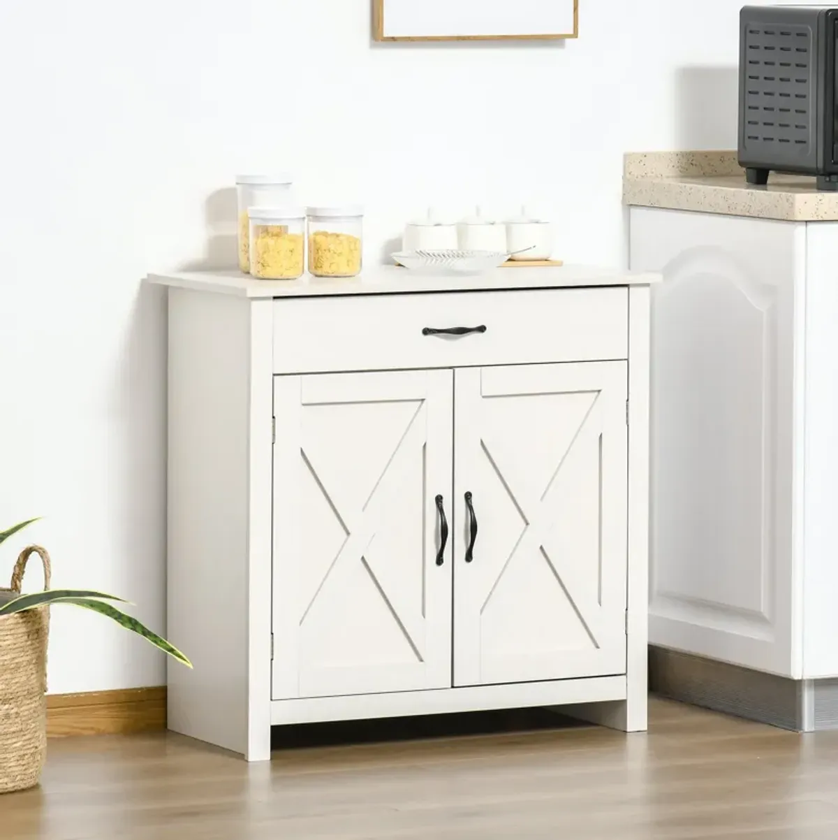 White Wash Kitchen Storage: 32" Farmhouse Sideboard with Drawer