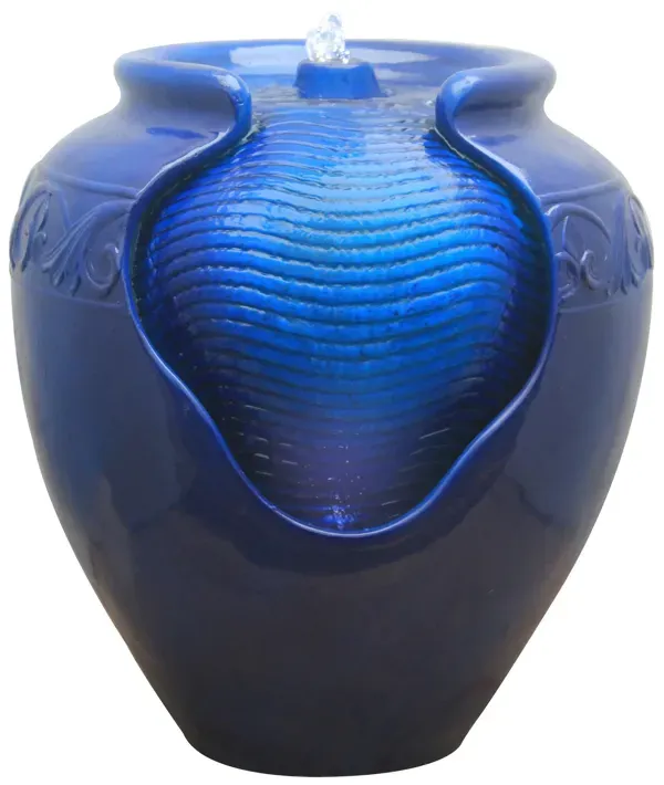 Teamson Home Outdoor Glazed Pot Floor Fountain with LED Lights, Royal Blue