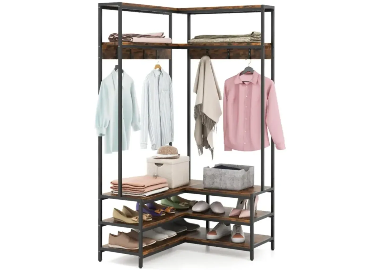 Hivvago Corner Garment Rack with Open Shelves and 7 Hooks Shoe Bench