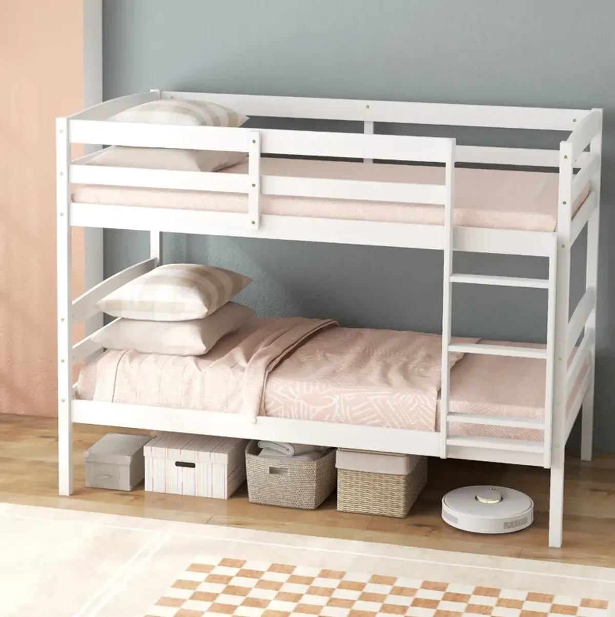 Solid Wood Twin Over Twin Bunk Bed Frame with High Guardrails and Integrated Ladder