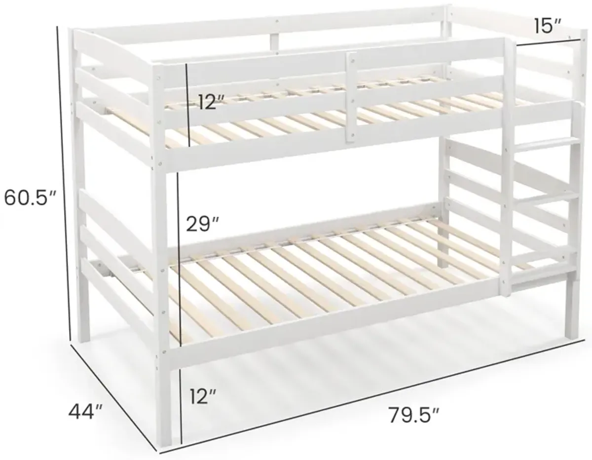 Solid Wood Twin Over Twin Bunk Bed Frame with High Guardrails and Integrated Ladder