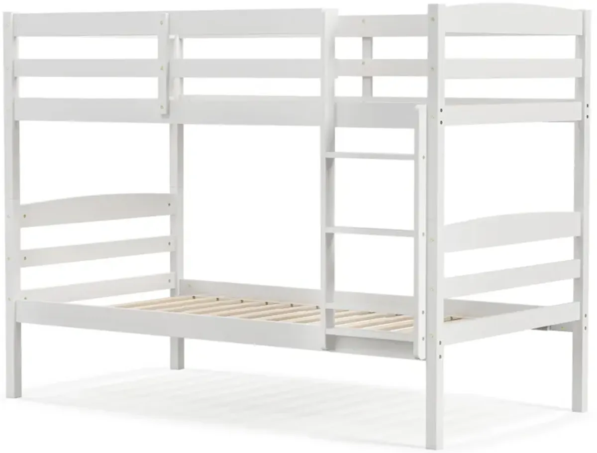 Solid Wood Twin Over Twin Bunk Bed Frame with High Guardrails and Integrated Ladder