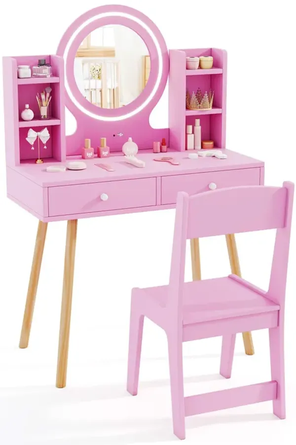 Kids Vanity Set with Lighted Mirror and Storage Drawers